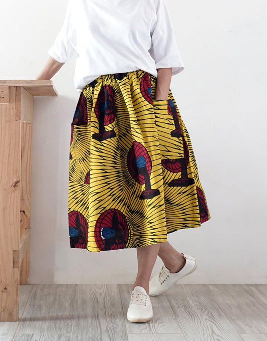 African Print Skirt Ankara Style for daily use | Fan Print African Wax | Yellow Skirt